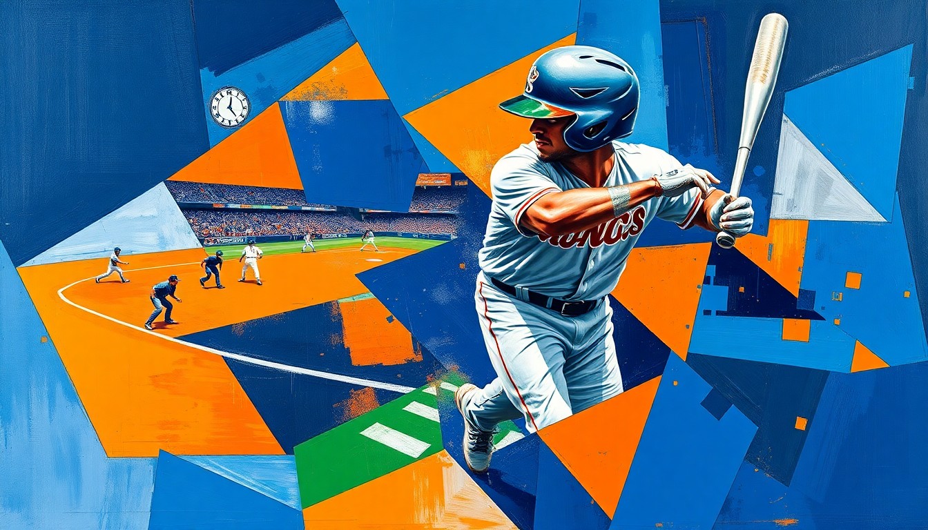 A fractured, cubist-style painting depicting a baseball player in motion, with sharp geometric shapes and planes of vibrant colors representing the dynamic energy of the sport.