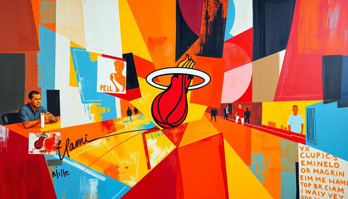 A cubist, geometric painting depicting a Miami Heat basketball game broken down into overlapping planes of bright orange, red, and yellow, conveying the competitive intensity of the team's new training center.