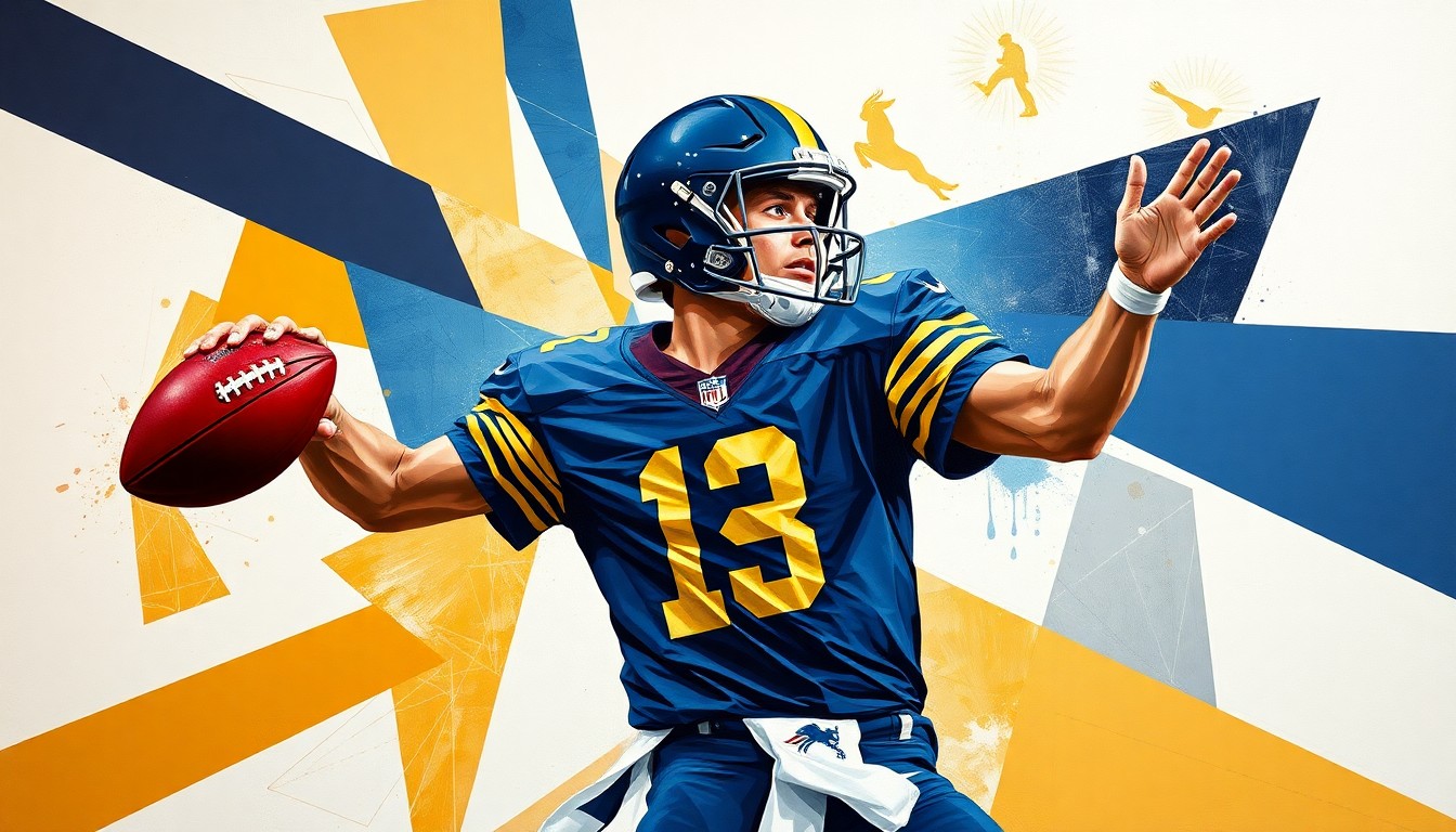 A cubist, geometric painting depicting a quarterback's throwing motion broken down into sharp, overlapping planes of navy blue, gold, and crimson red, capturing the complex decision-making and strategic planning behind the Rams' potential draft pick.