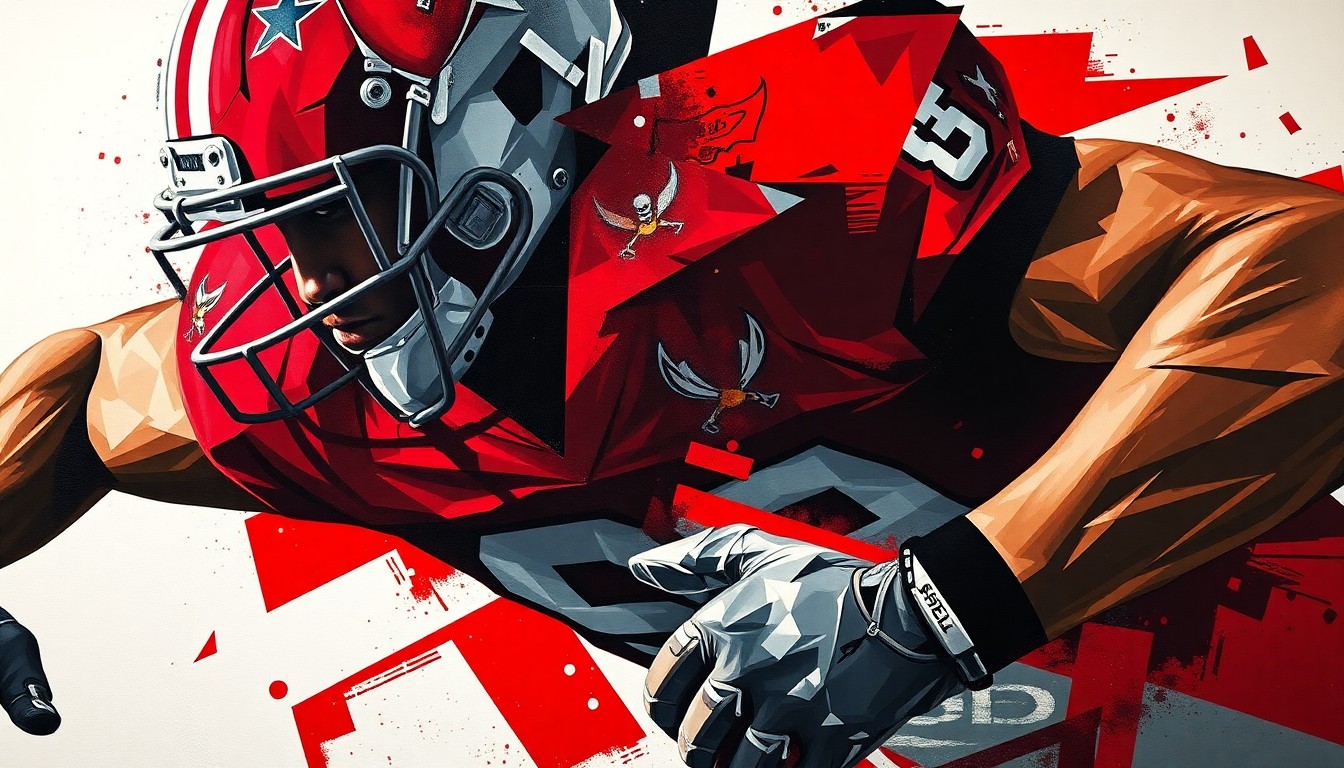 A cubist, geometric painting depicting a football linebacker in action, with sharp, overlapping planes in the Buccaneers' team colors of red, pewter, and white, conceptually representing the complex decision the team faces in evaluating this draft prospect.