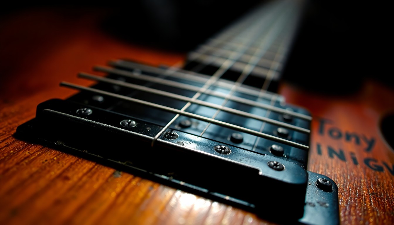 An abstract close-up photograph of the worn, textured surface of an electric guitar, capturing the intricate details and patina of the instrument in dramatic, high-contrast lighting.