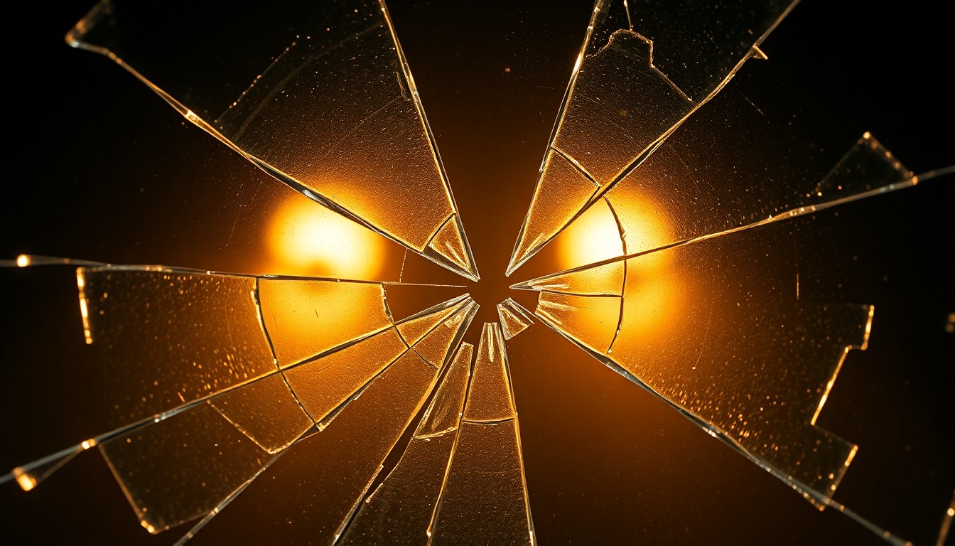 An abstract close-up photograph of shattered glass reflecting dramatic studio lighting, conceptually representing the intense climactic showdown in the Western film Quigley Down Under.