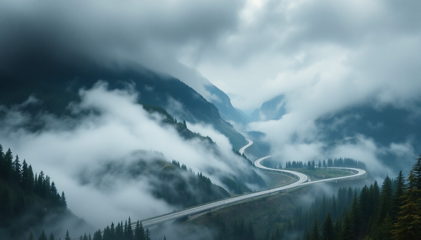 A vast, atmospheric landscape painting depicting a fog-shrouded I-5 highway winding through mountainous terrain, with a massive landslide partially obscuring the road and conveying the overwhelming power of nature.