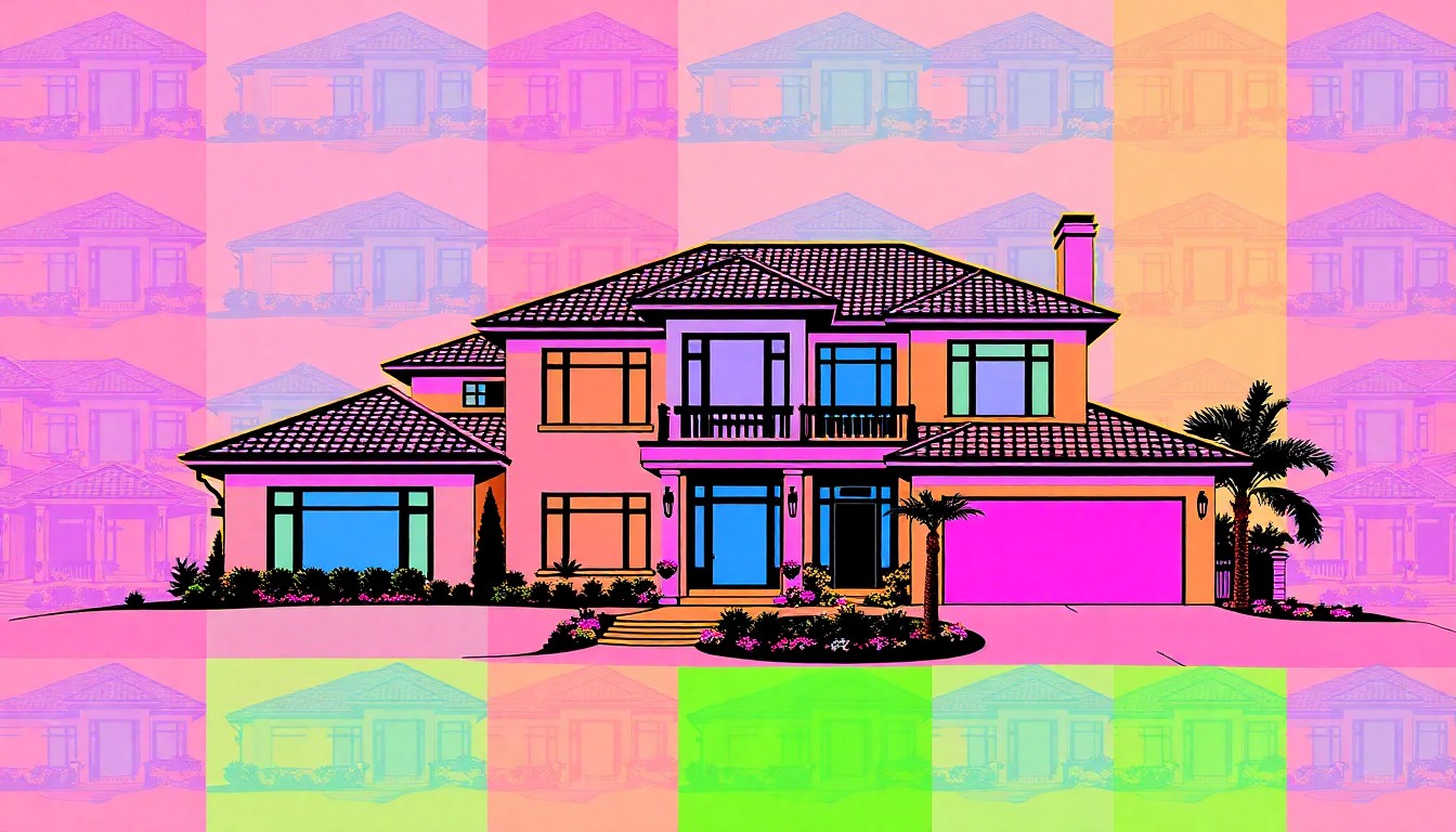 A brightly colored, high-contrast silkscreen print of a large, two-story luxury home exterior with a prominent roofline and landscaping, repeated in a tight grid pattern in vibrant neon colors and heavy black outlines, conceptually representing the pop art appeal of this exclusive real estate listing.