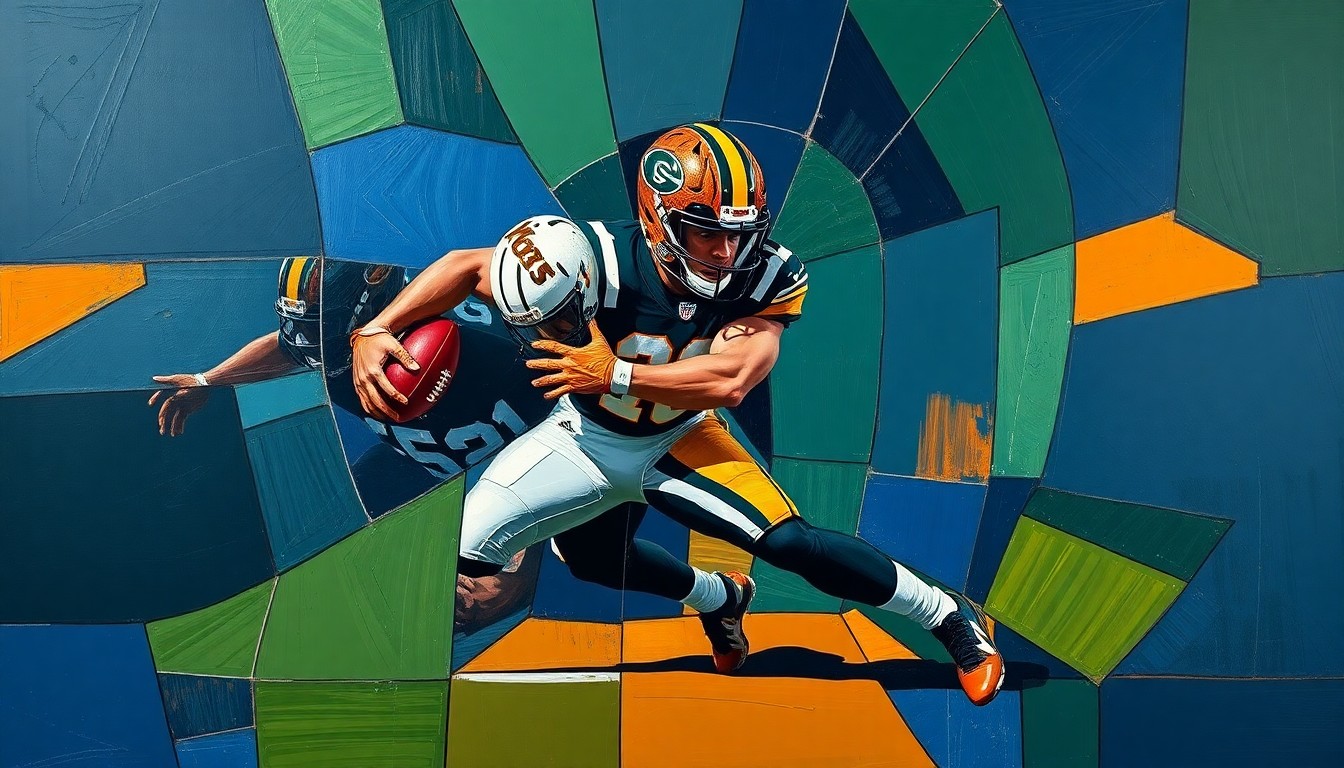A fragmented, cubist-style painting depicting a linebacker making a tackle or a defensive tackle stuffing the run, with sharp geometric shapes and planes in navy blue, forest green, and burnt orange colors.