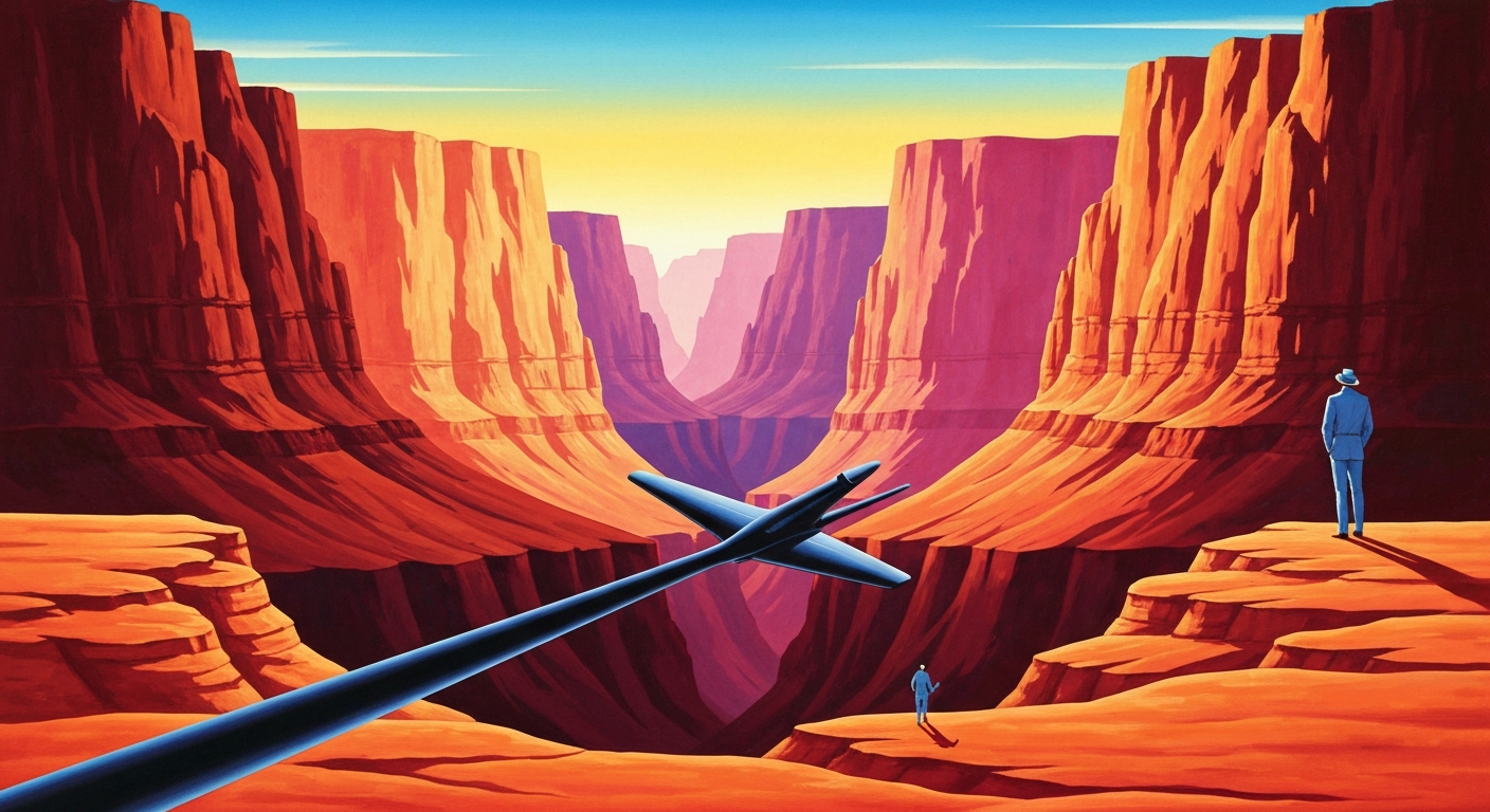 A bold, geometric illustration depicting the sweeping, dramatic landscape of a deep canyon with towering cliffs and smooth, airbrushed gradients, capturing the grand scale and romance of travel in the American West.