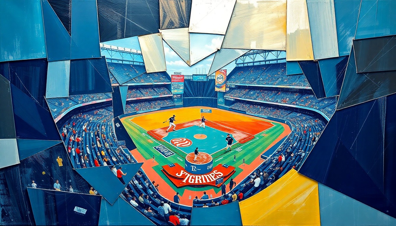 A cubist, geometric painting depicting a fragmented baseball game, with sharp, overlapping planes of navy blue, teal, and silver, capturing the complex dynamics of roster management in professional sports.