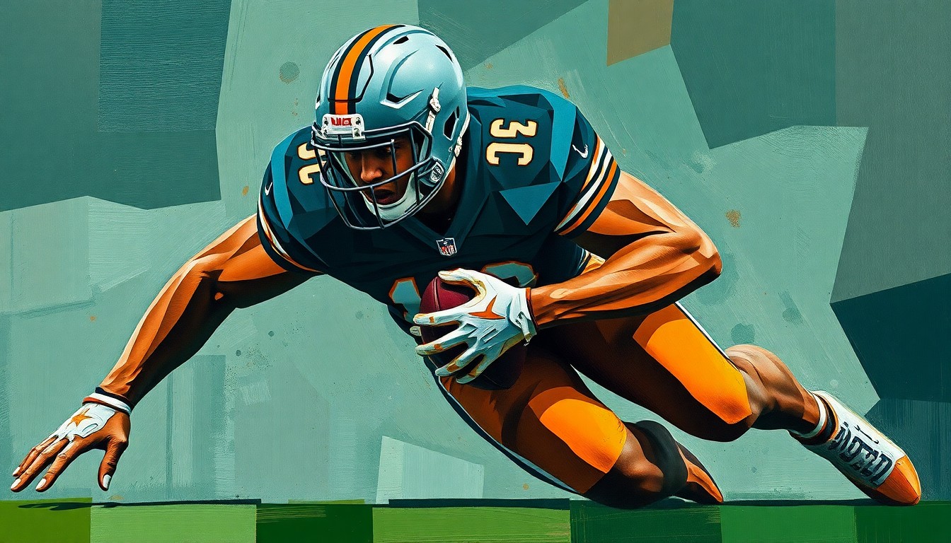 A fragmented, geometric painting depicting the forceful movements of a linebacker making a tackle, with sharp planes of dark green, navy, and orange conveying the intensity of the play.