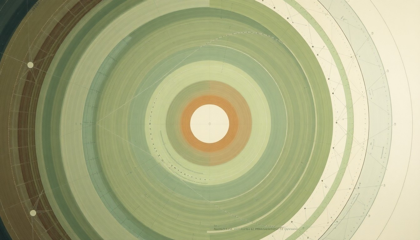 A bold, abstract painting in earthy tones of green, brown, and blue, featuring sweeping geometric arcs, concentric circles, and intersecting waveforms, conceptually representing the complex interplay of rocket launch acoustics and their effects on nearby communities.