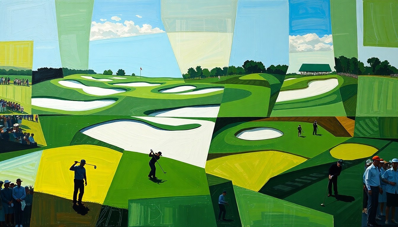 A cubist-style painting featuring fragmented, geometric shapes in shades of green, white, and black, representing a golf course scene with players and spectators.