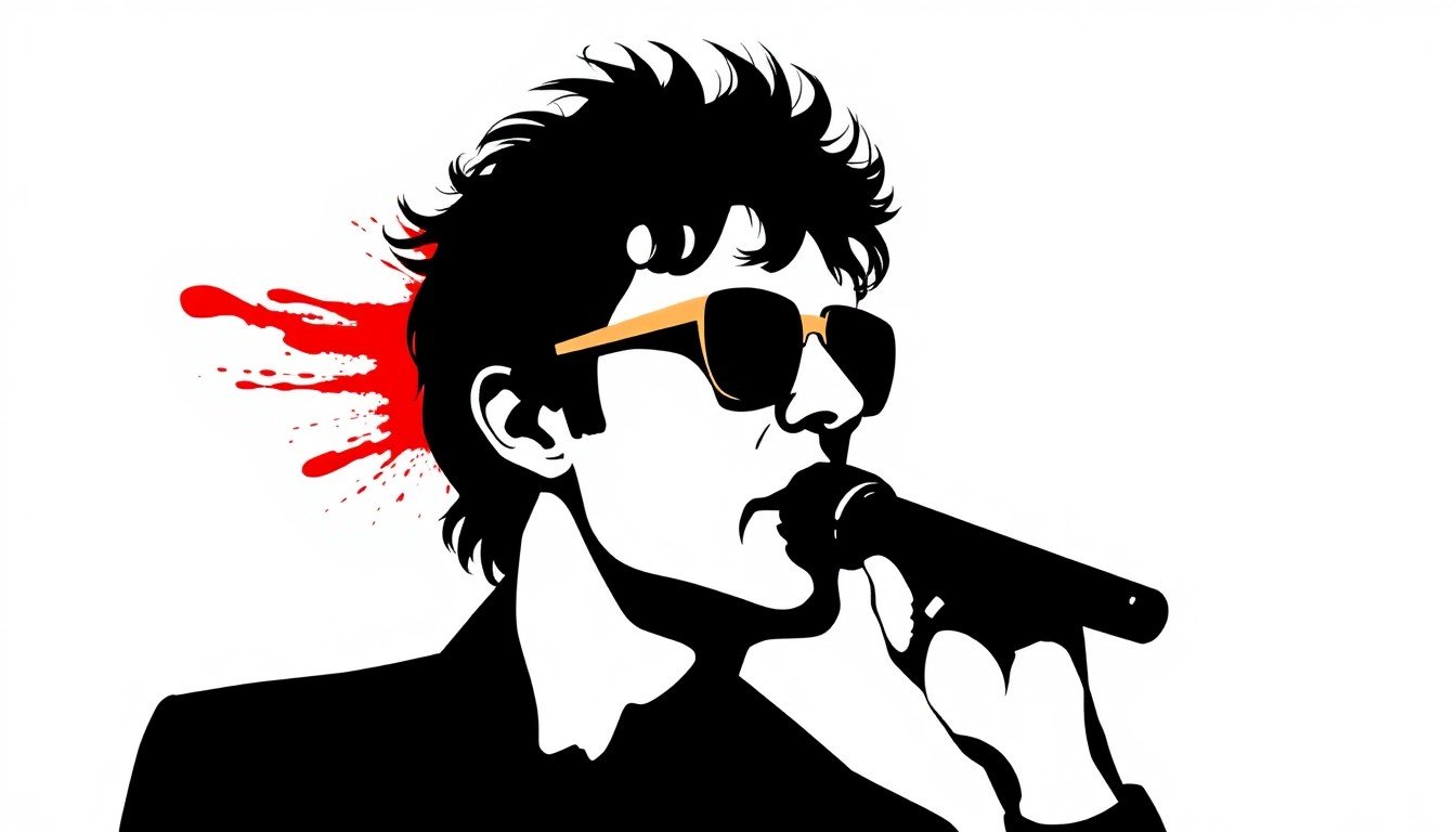 A dramatic black silhouette of an iconic 80s movie character, with a single splash of vibrant color, capturing the quirky spirit of the original film.