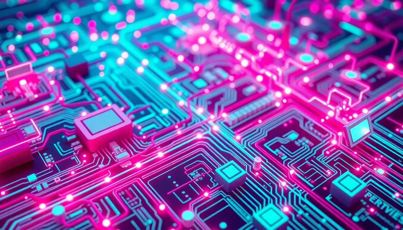 A highly detailed, glowing 3D illustration of a complex network of illuminated circuits, cables, and data nodes in shades of neon cyan and magenta, conceptually representing the digital infrastructure powering AI and automation.