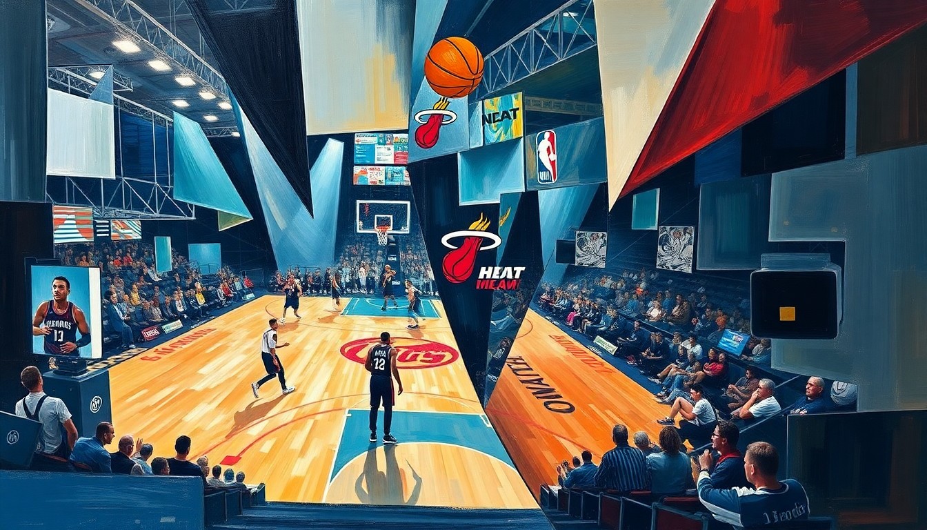 A cubist, geometric painting depicting a basketball game between the Miami Heat and Atlanta Hawks, with the players and court broken down into sharp, overlapping shapes and planes of color.