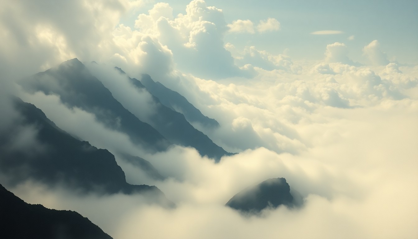 A dramatic, atmospheric landscape painting in muted tones of gray, blue, and brown, with a massive, billowing cloud of smoke obscuring the mountainous terrain below, conveying the overwhelming scale and power of the natural disaster.