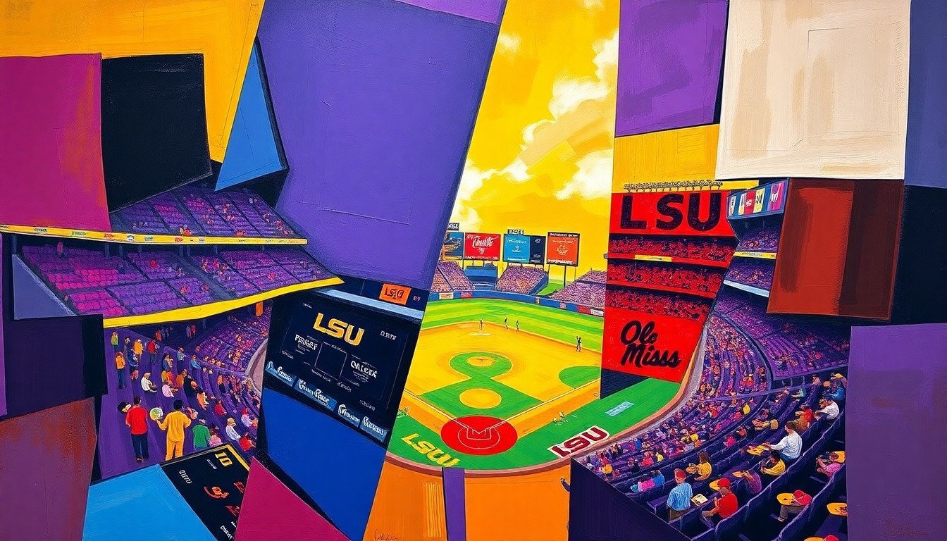 A fractured, geometric painting depicting a baseball game between two teams, with sharp planes of purple, gold, red, and blue colors representing the dynamic energy of the matchup.