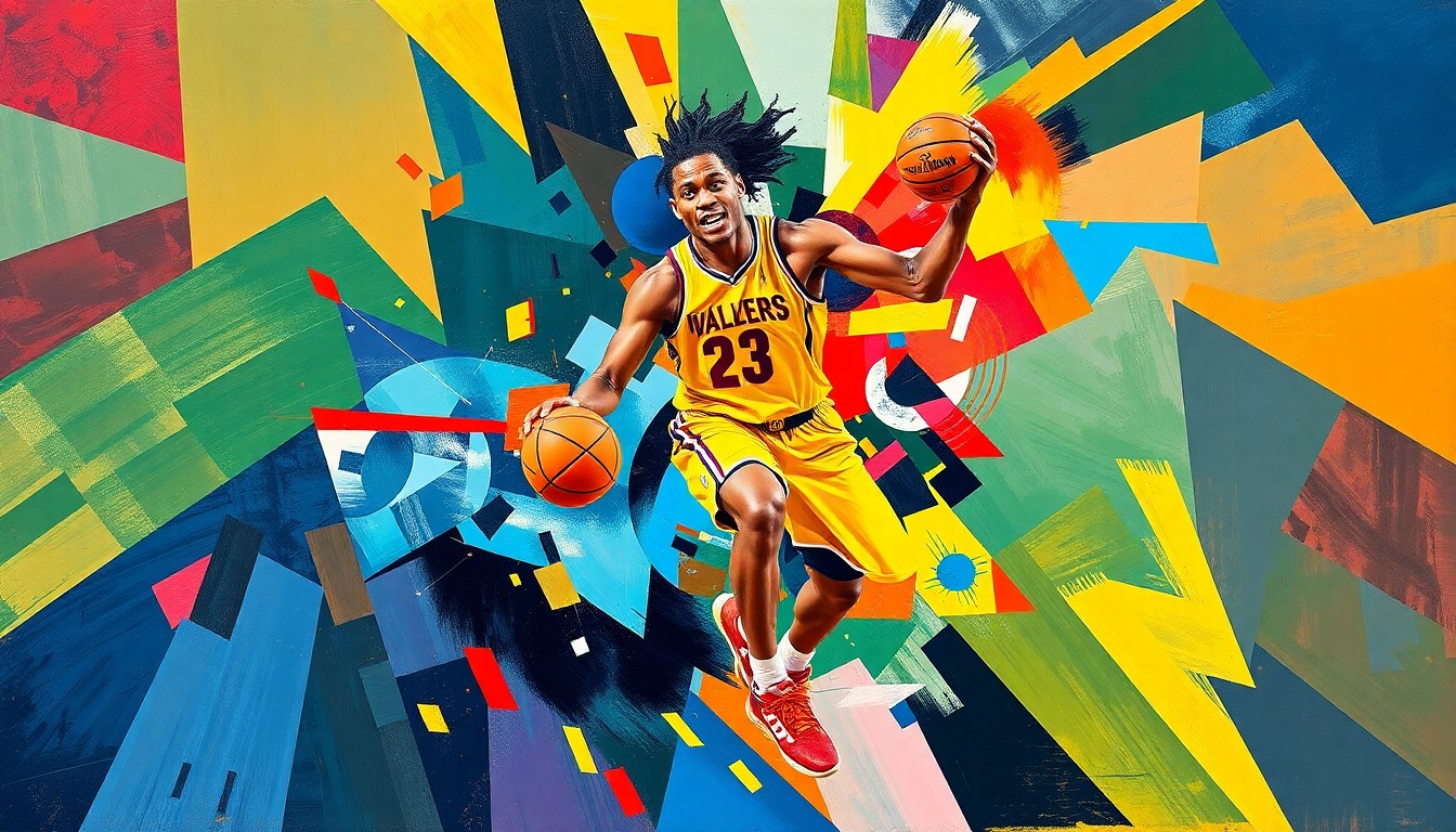 A cubist, geometric painting depicting the dynamic movements and energy of a basketball player, with overlapping planes of bright team colors representing the Valkyries and Storm.