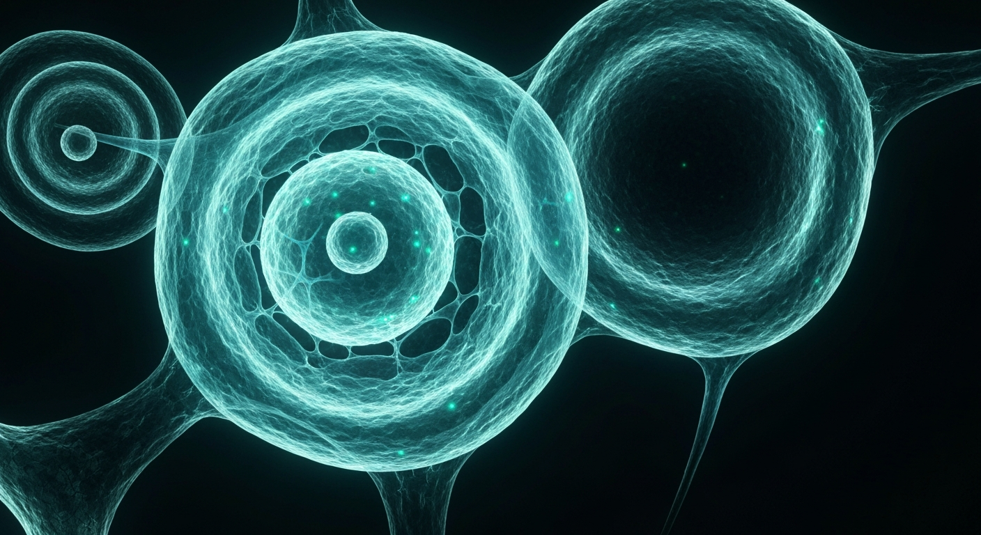 A ghostly, translucent X-ray image revealing the complex internal structure of a human blood cell, glowing with a faint blue-green bioluminescence, conceptually representing the innovative CAR-T cell therapy that helped a Baton Rouge cancer patient recover.