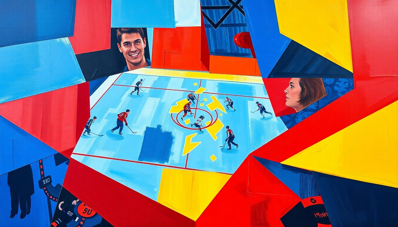 A cubist, geometric painting depicting a hockey game, with overlapping planes of blue, red, and yellow representing the dynamic action on the ice.