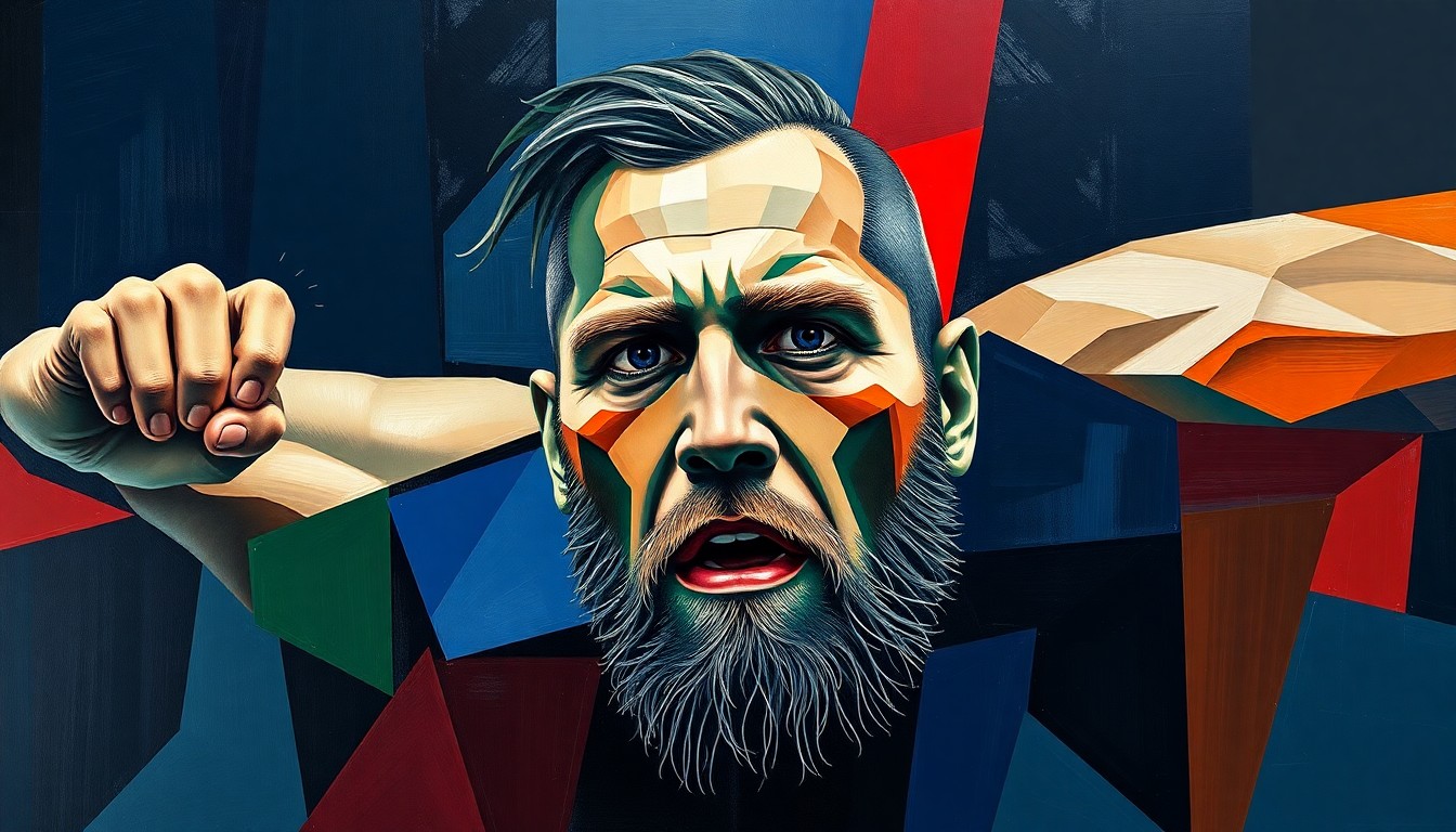 A fractured, multi-perspective painting depicting Gable Steveson's athletic career, with sharp geometric shapes and planes in navy, green, and red colors conceptually representing his transition from collegiate wrestling to professional MMA.