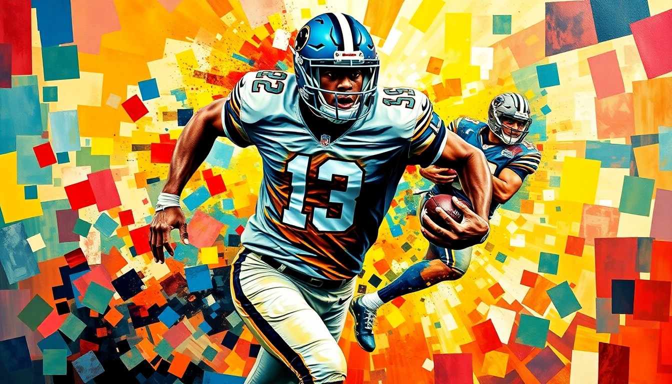 A cubist-style painting depicting a football player in motion, with their body and jersey fragmented into sharp, overlapping geometric shapes in a kaleidoscope of team colors, conveying the dynamic and unpredictable nature of the sport.
