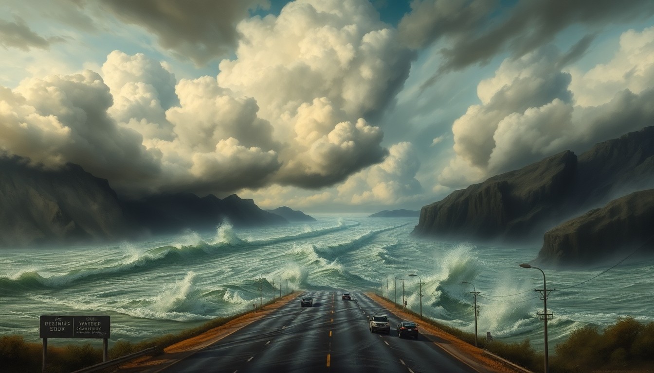 A sweeping landscape painting in muted tones of gray, blue, and green, depicting a flooded highway cutting through the scene. The highway is dwarfed by the dramatic, atmospheric elements, with heavy clouds and swirling water conveying the power of the natural disaster.