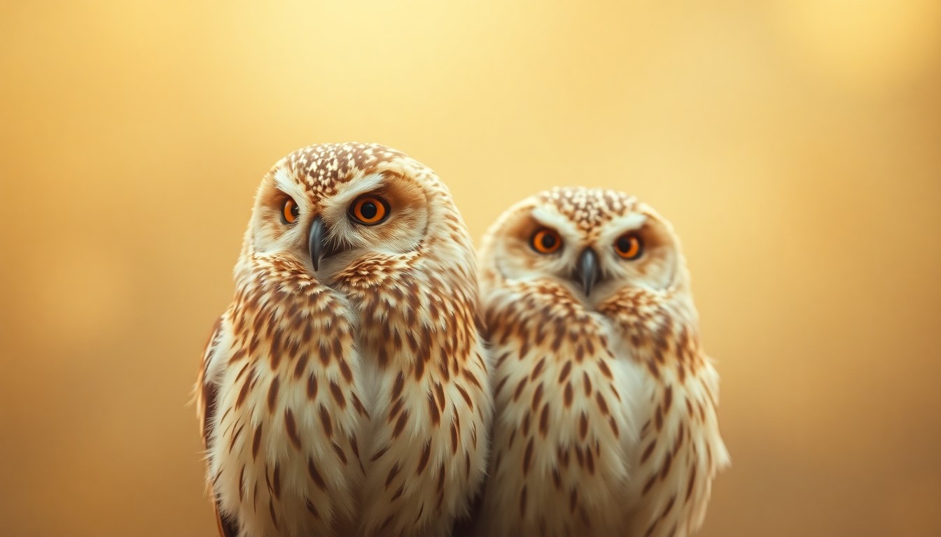 A pair of owls perched together in a soft, blurred photograph, their feathers and forms blending into the hazy, out-of-focus background, conveying a sense of warmth and connection.