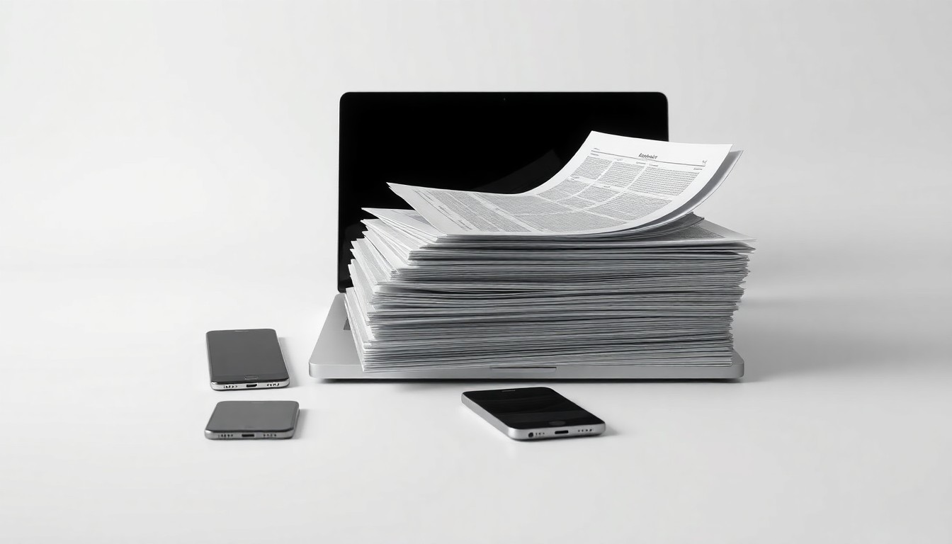 A minimalist, high-contrast studio photograph featuring a stack of business documents, a laptop, and a smartphone on a clean, monochromatic background, symbolizing the streamlined management of multi-channel e-commerce operations.