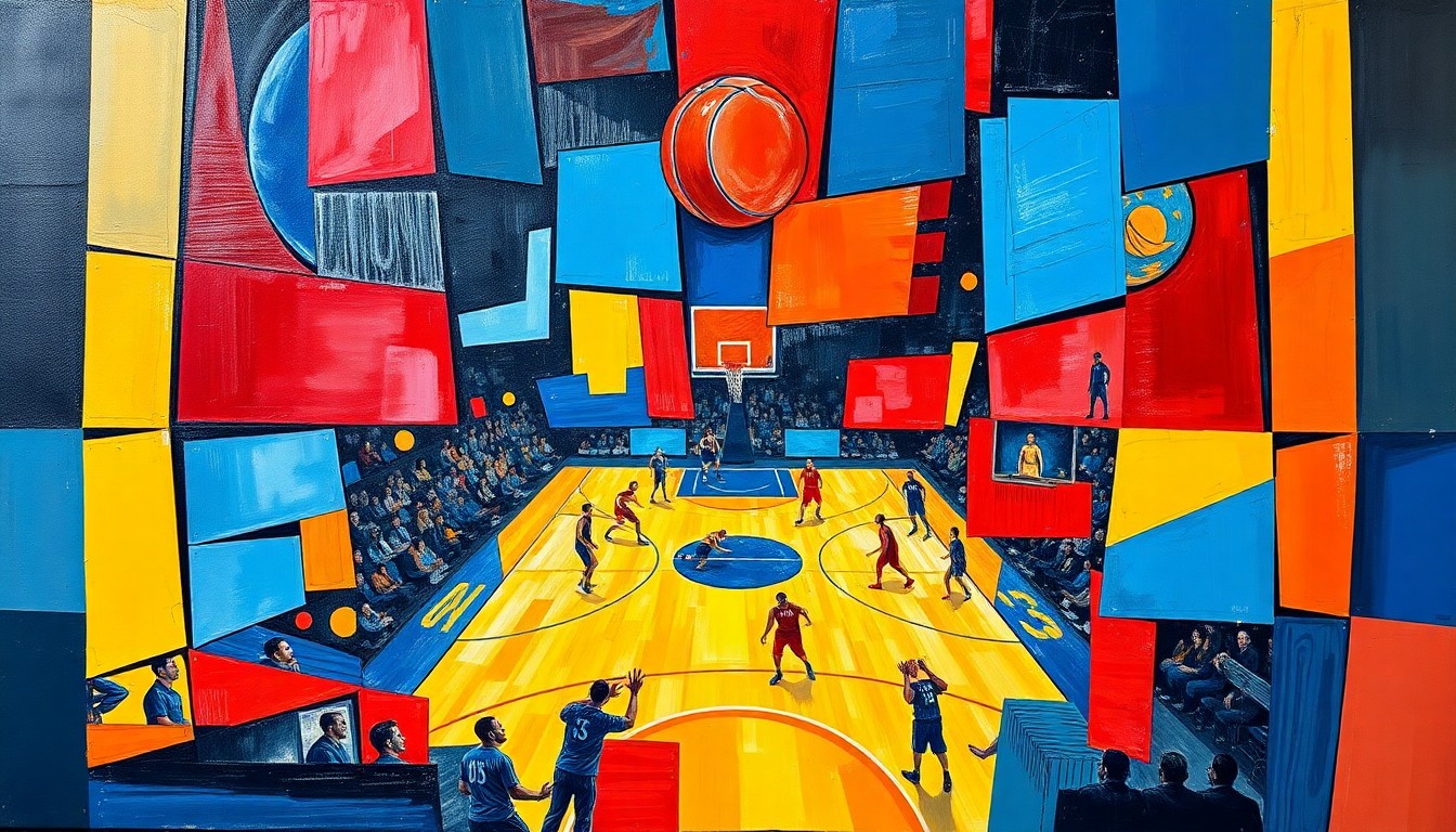 A cubist, geometric painting depicting a fragmented basketball game, with sharp, overlapping planes of color representing the players and court in an abstract, deconstructed style.