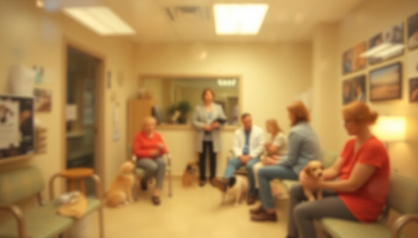 An abstract, out-of-focus photograph in warm tones depicting a blurred scene of a veterinary clinic waiting room, with pet owners and their animals visible through the hazy, rain-streaked glass, conveying the emotional tension and uncertainty surrounding the issue of rising vet fees.