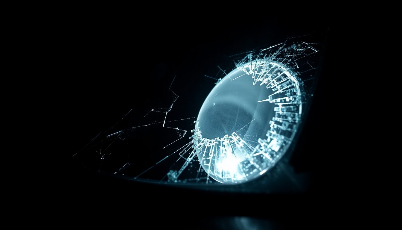 An extreme close-up photograph of a shattered car windshield or broken headlight lens, capturing the dramatic, gritty aftermath of a fatal collision that took the life of a community member.