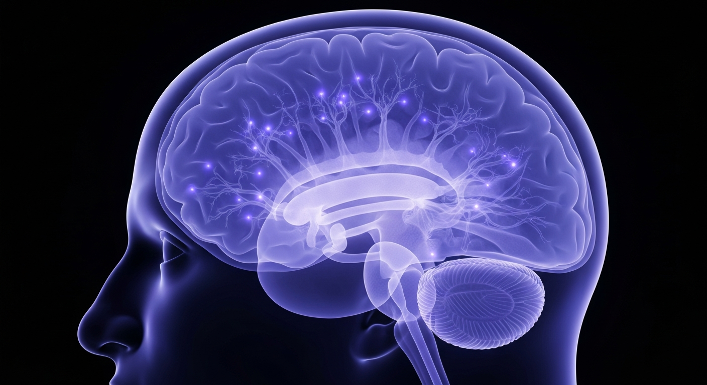 An extreme close-up X-ray image revealing the intricate structure of a human brain, with glowing neural pathways in shades of blue and purple, conceptually representing the importance of mental health services.