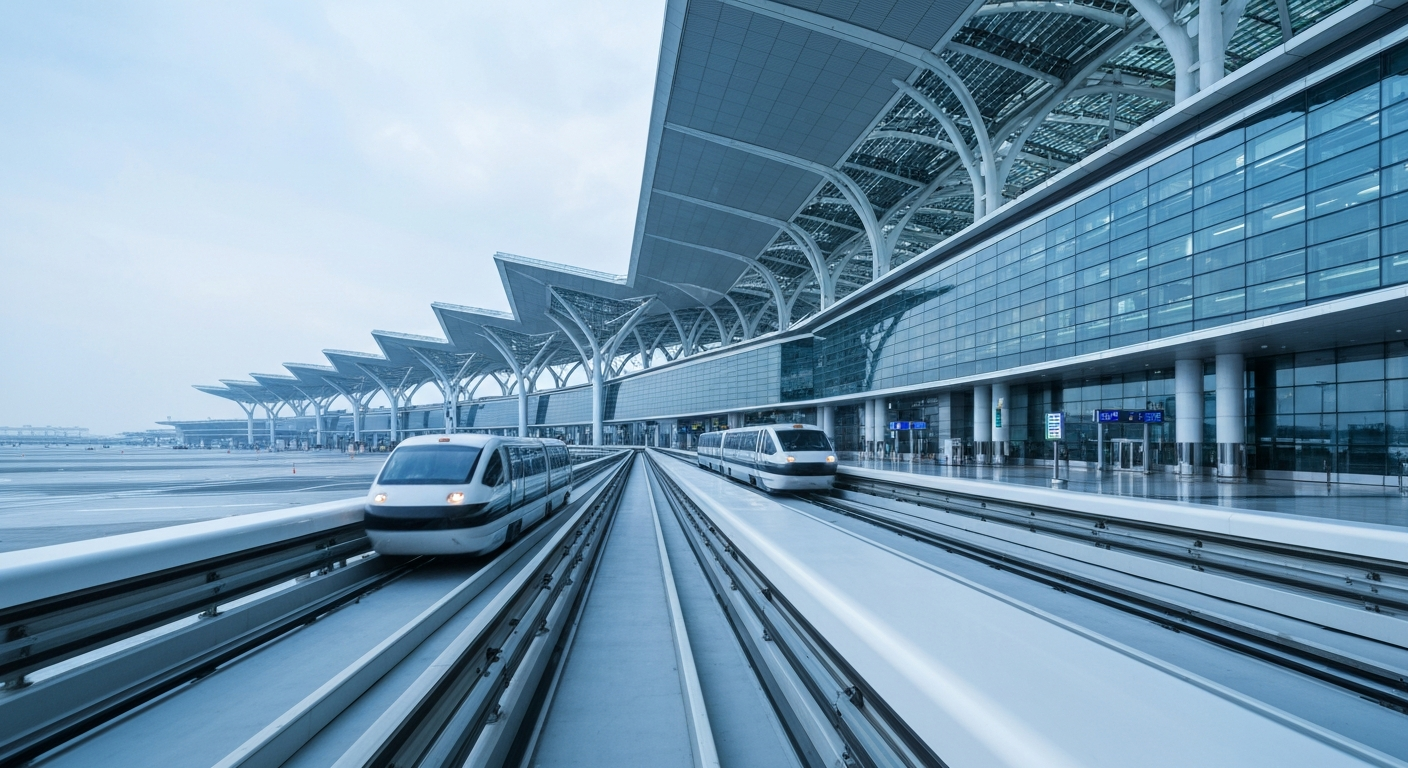 A highly stylized, Art Deco-inspired illustration depicting a towering, streamlined airport terminal with a futuristic, driverless transportation system in the foreground, conveying the grand scale and technological innovation of the airport's infrastructure.