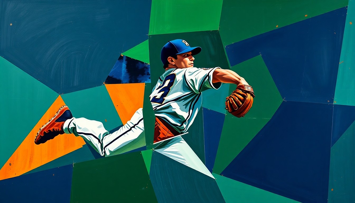 A fractured, cubist-style painting depicting the motion of a baseball pitcher, with his body broken down into overlapping geometric shapes in shades of navy, green, and orange, conveying the challenges the Cubs' pitching staff is facing with injuries.