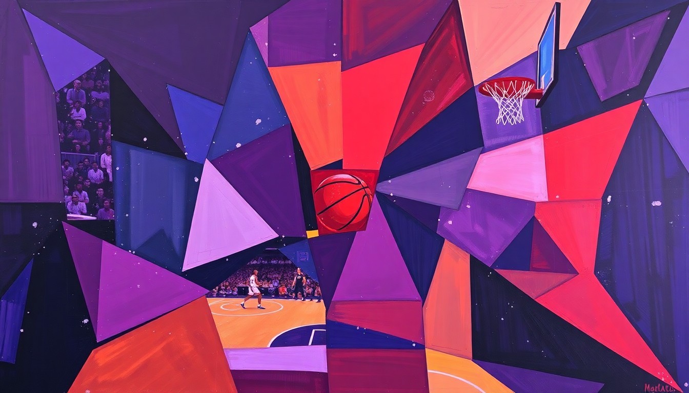 A cubist, geometric painting depicting a fragmented basketball court and players, rendered in deep purple, navy blue, and crimson red tones, conceptually representing the complex factors behind the Kings' disappointing season.