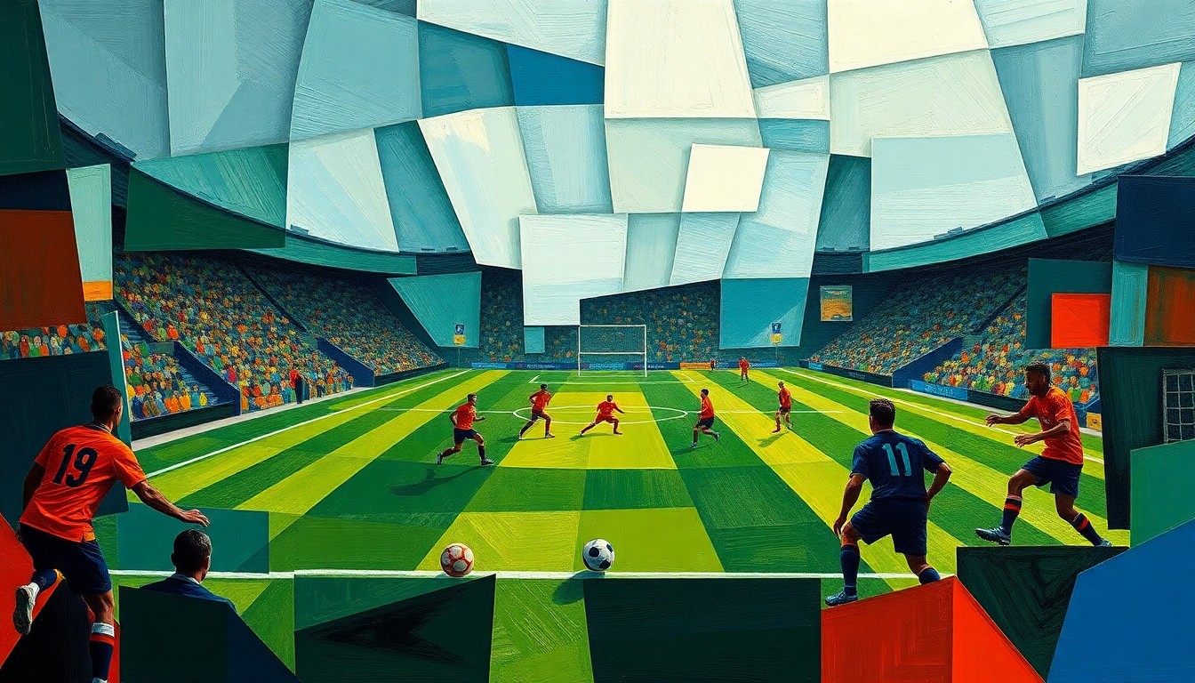 A fragmented, geometric painting depicting a football game or match, with players and the field broken down into sharp, overlapping planes of color in a cubist style.