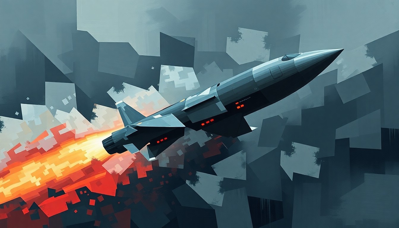 A dynamic, abstract painting of a military weapon or vehicle in motion, with overlapping geometric shapes and lines in shades of gray, blue, and red, conveying a sense of speed and fractured energy.