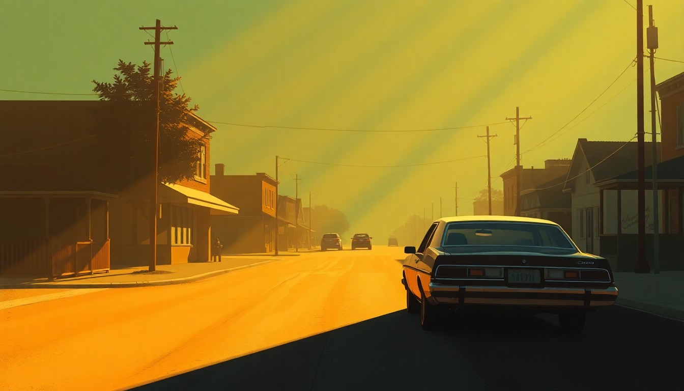 A photorealistic painting of a lone car pulled over on a small-town street, the warm sunlight casting long shadows across the pavement and buildings. The scene conveys a sense of unease and tension, reflecting the impact of immigration enforcement actions on this close-knit community.