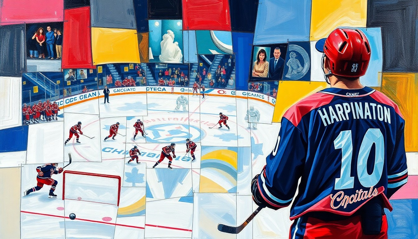 A cubist, geometric painting depicting a hockey game and a baseball player watching it, with sharp, overlapping planes of color representing the energy and movement of the sporting event.