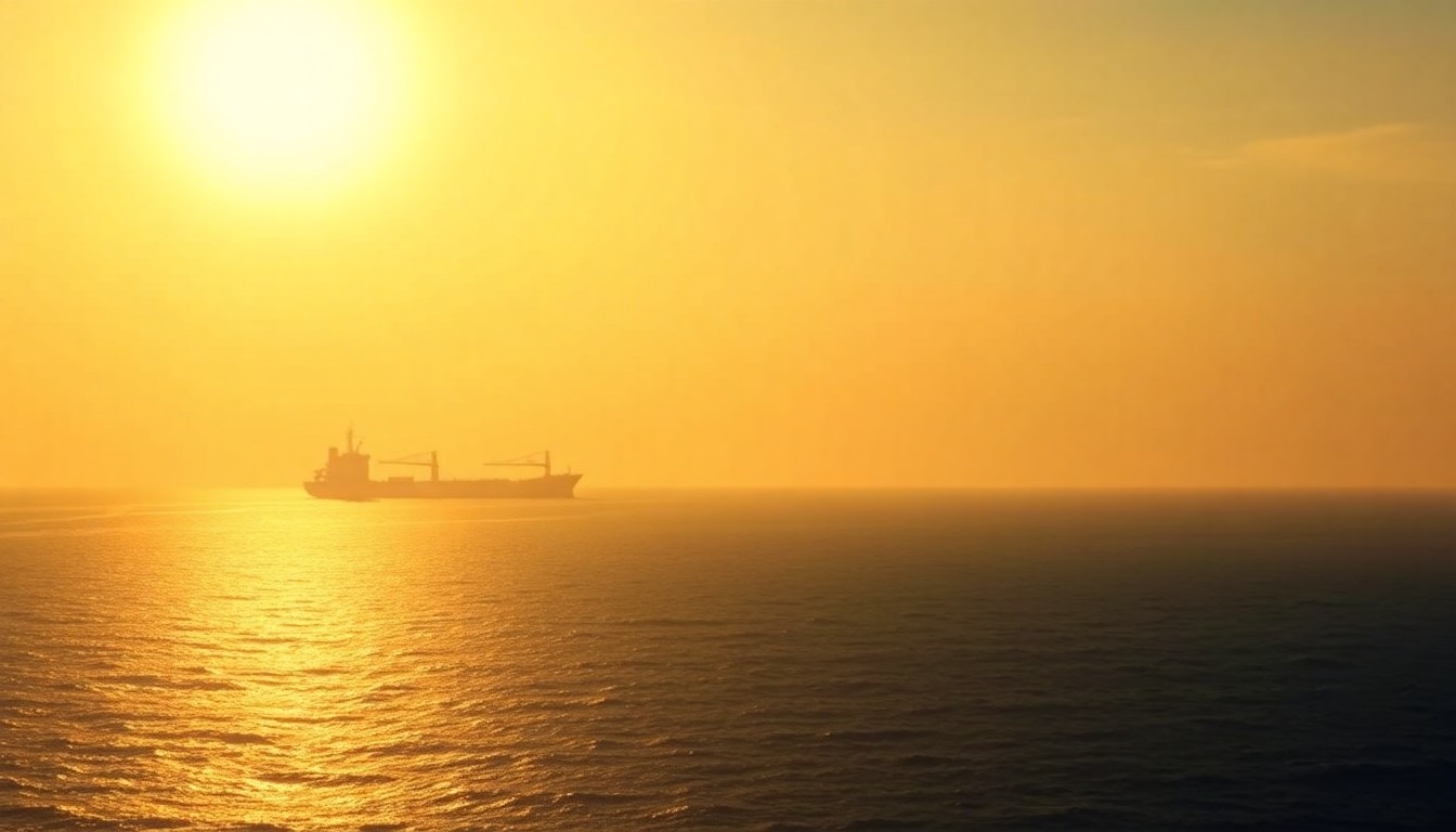 A serene, almost melancholic painting of the Strait of Hormuz, a narrow waterway surrounded by rocky cliffs and dotted with ships, bathed in warm, golden light and deep shadows, conveying a sense of geopolitical tension and uncertainty.