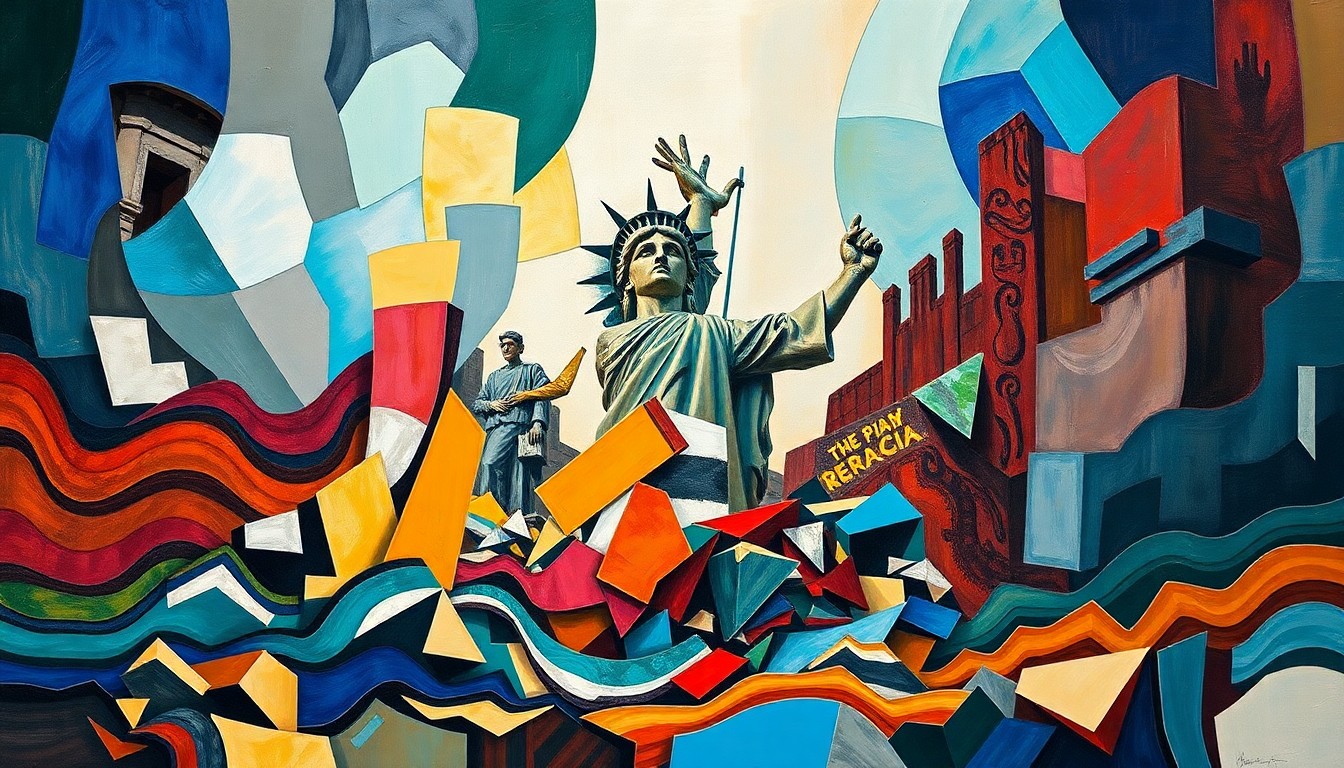 A dynamic, cubist-inspired painting depicting the fragmented remains of a statue or monument, its once-grand form reduced to shattered geometric shapes in a swirling array of bold, clashing colors, conveying the chaotic and destructive impact of US interventionism in Latin America.