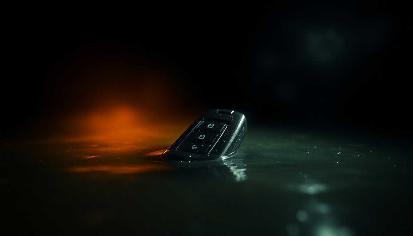 An extreme close-up photograph of a car key fob partially submerged in murky water, conveying the gritty, investigative nature of the incident through stark lighting and a lack of context.