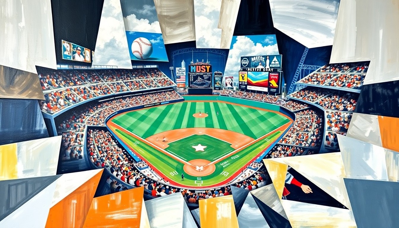 A cubist-style painting featuring overlapping geometric shapes and planes in shades of red, blue, and green, representing the dynamic action and energy of a baseball game between the Boston Red Sox and Houston Astros.