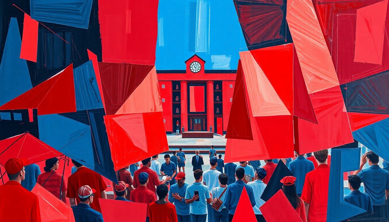 A fragmented, geometric painting in the University of Richmond's red and blue colors, depicting an abstract scene of a sports awards ceremony.