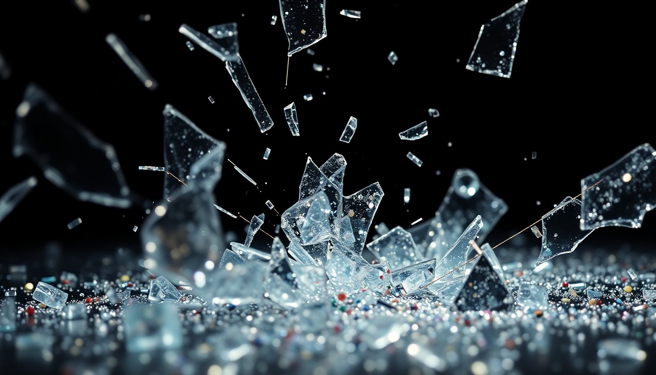 An abstract close-up image of shattered glass and glittering sequins, capturing the fragility and high-stakes nature of the entertainment industry.