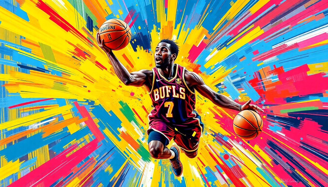 An abstract, expressionist painting in vibrant neon colors, capturing the dynamic movements and energy of a basketball player in action, conceptually representing the signing of former CU Buffs star KJ Simpson to the Denver Nuggets.
