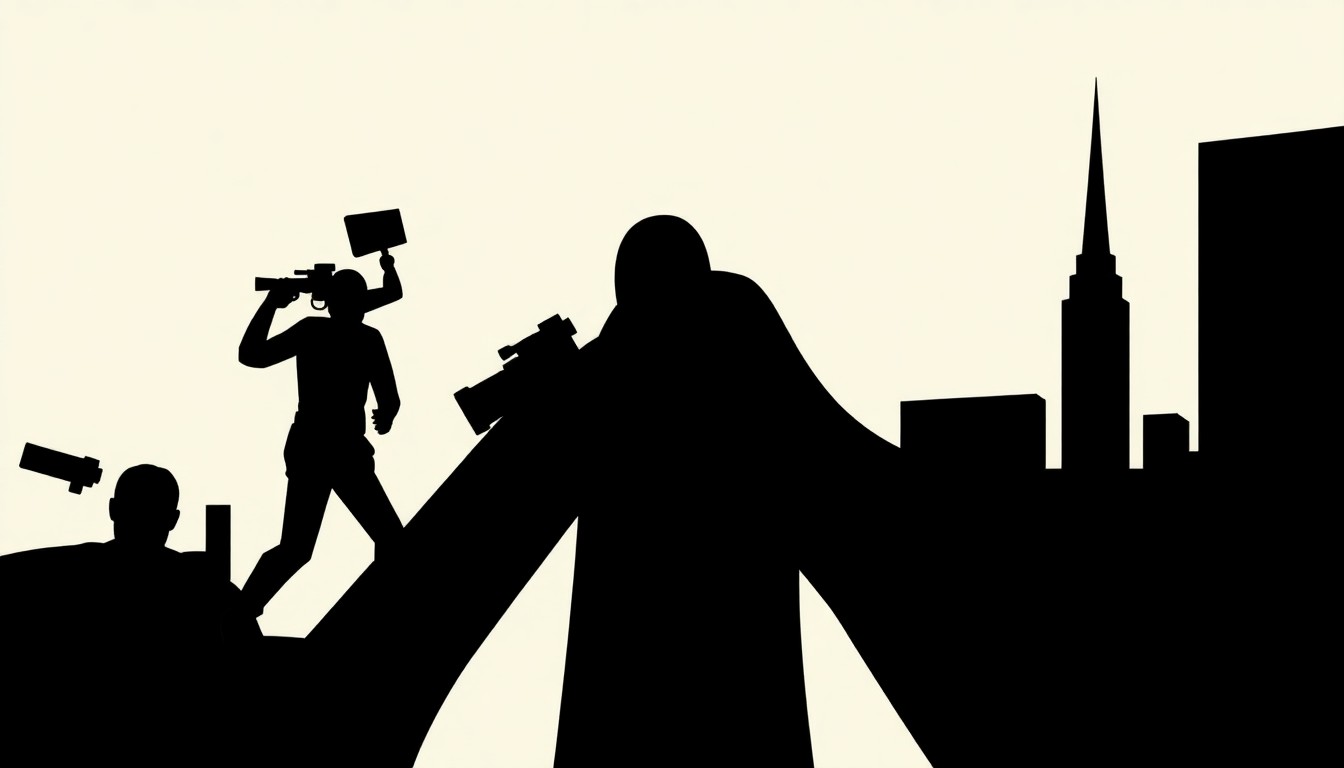 An abstract, minimalist illustration featuring sharp, jagged shapes in contrasting colors, conceptually representing the clash between journalism and heroism.