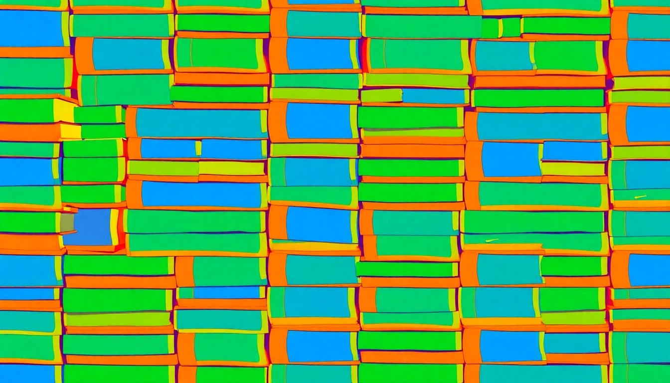 A bold, abstract illustration featuring a repeating grid of colorful textbook shapes in shades of blue, green, and orange, conceptually representing the diverse educational landscape of New York City.