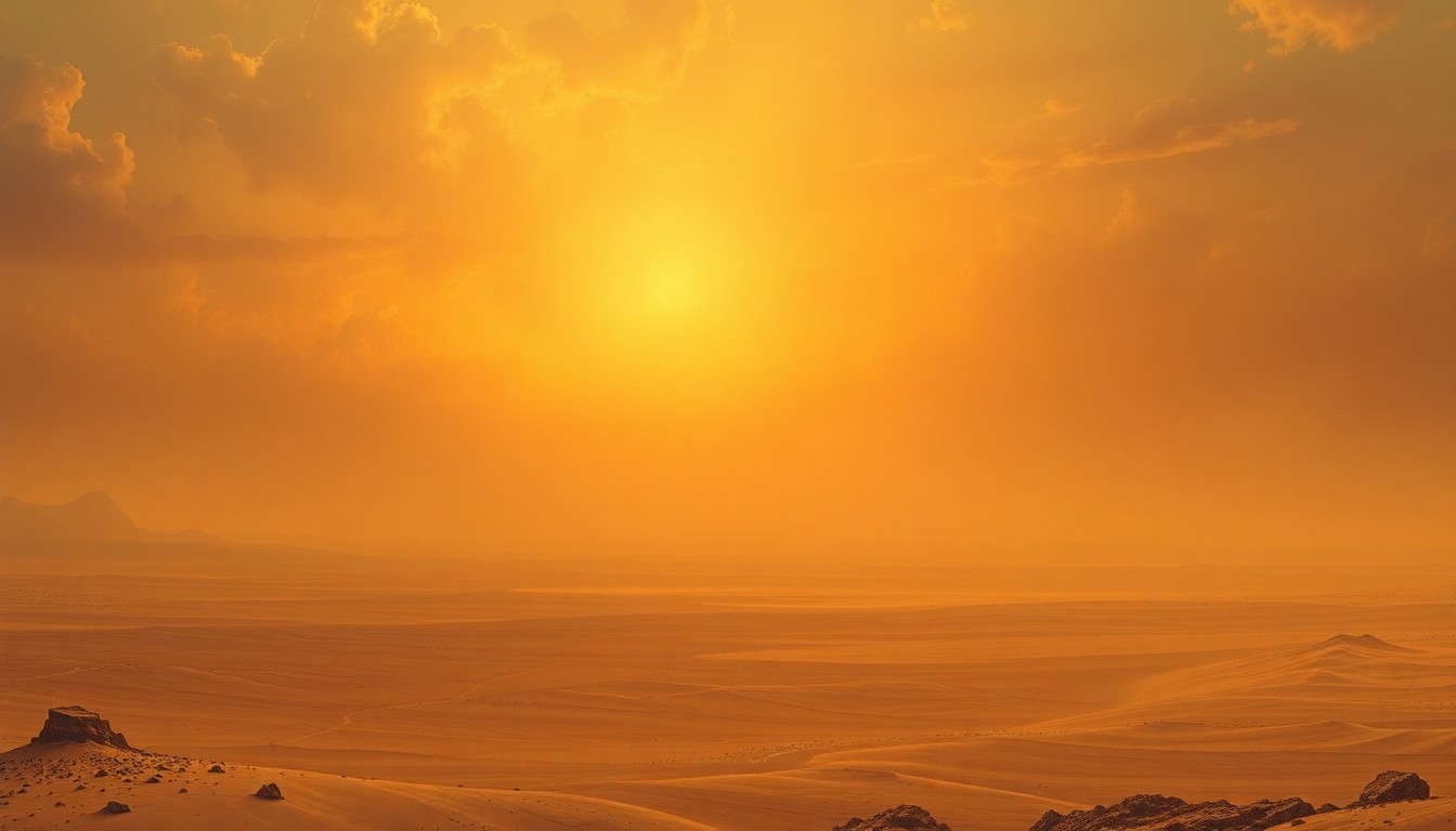 A vast, arid desert landscape painting in muted earth tones, with a hazy, glowing sky that dwarfs any physical structures or objects within the scene, conveying the overwhelming, sublime power of the natural environment under extreme heat conditions.