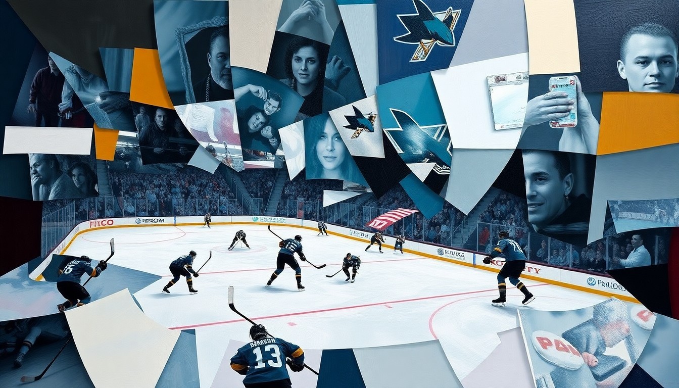 A cubist, geometric painting depicting a chaotic hockey scene with overlapping planes of color and shape, representing the Sharks' disastrous end to their season and the breakdown of their gameplay.