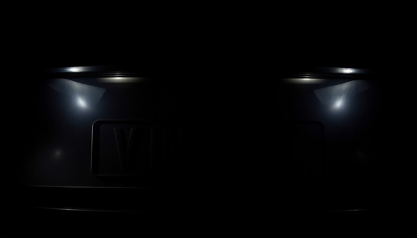 An extreme close-up photograph of a car's altered Vehicle Identification Number (VIN) plate, lit by a harsh, direct camera flash against a pitch-black background, conceptually illustrating the investigation into a vehicle with multiple VINs.